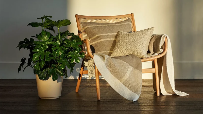 Gemütliche Wohnzimmerecke mit Rattanstuhl, Pflanzen und mehreren Textilschichten